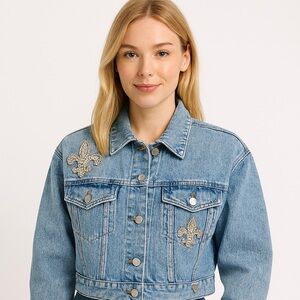Guess Vintage Embroidered Studded Blue Denim Oversized Jean Jacket Medium